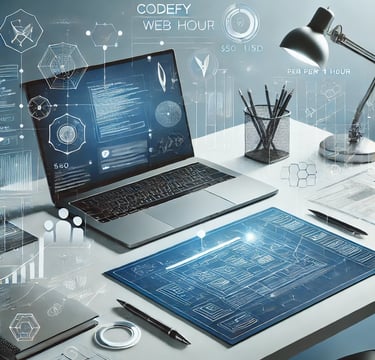 "Escritorio con laptop y tableta mostrando diseño web personalizado con elementos técnicos y futuris