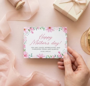 A hand holding a floral Happy Mother's Day card with pink ribbon and a gift box on a pink background.
