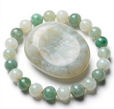 Polished green and white jadeite gemstone beads bracelet encircling a smooth oval jade stone.
