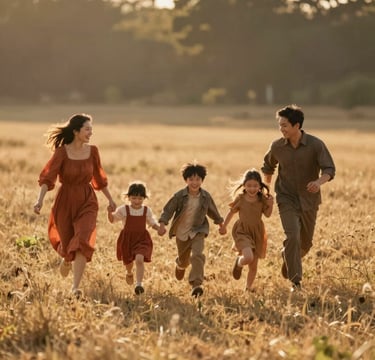 A cinematic, wide-angle shot of a young family running through a sun-drenched meadow at golden hour. The lighting is warm and hazy, incorporating Soft Sand tones. The family is dressed in earthy colors like Terracotta and Brown. Authentic laughter and movement are captured, exuding warmth and genuine emotion.