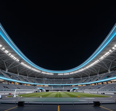 A wide-angle, low-perspective shot of a futuristic sports arena in the United States. The architecture features sleek curves and glowing neon steel blue accents against a deep black night sky. The composition is symmetrical and dynamic.