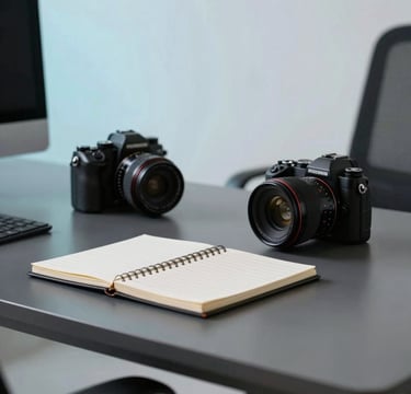 A sophisticated and minimalist photography of a modern creative workspace in São Paulo, Brazil. The scene features a sleek dark grey desk with a professional camera and a single designer notebook. Soft light illuminates the space with a subtle baby blue glow in the background. High-end, clean composition, reflecting professional elegance.