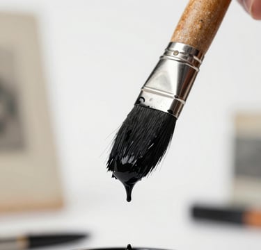 A close-up photograph of a professional artist's brush dripping with deep black ink, positioned against a stark white background in a minimalist Middle Eastern art studio.