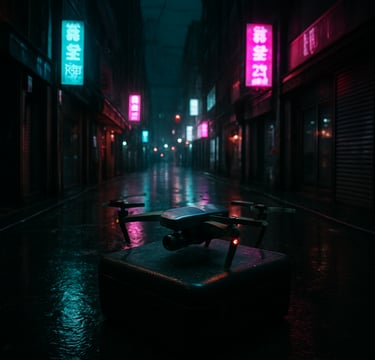 A cinematic wide-angle shot of a rainy East Asian / Korean urban alleyway at night. Reflections of cyan and magenta neon signs shimmer on the wet pavement. In the center, a sleek professional drone with glowing status lights is positioned on a carbon fiber case. The atmosphere is moody, with deep charcoal shadows and a futuristic, digital edge.