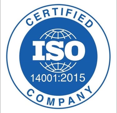 Blue and white ISO 14001:2015 certified company logo for environmental management standards.