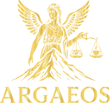 Golden Argaeos logo featuring a winged goddess with scales, coffee beans, and a mountain peak.