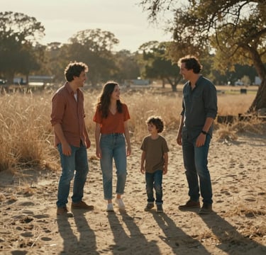 A cinematic wide-angle shot of a family of four laughing together in a sun-drenched North American / US park during the golden hour. The soft sand palette is reflected in the surrounding dry grass, with terracotta and charcoal accents in their casual clothing. The lighting is warm and authentic, creating a sense of genuine connection.