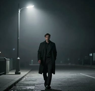 A wide, cinematic film still featuring a brooding actor in a dark overcoat, walking through a misty, minimalist urban environment at night. The lighting is high-contrast, utilizing deep shadows (#0F0F0F) and sharp silver highlights (#A8A8A8) from a single street lamp. The composition is elegant and evokes a high-budget international thriller, with significant negative space for a professional aesthetic.