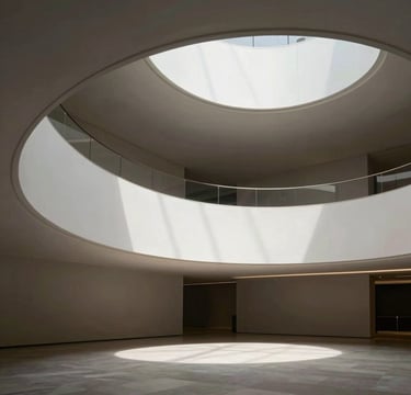 A sophisticated wide-angle commercial photograph of an architectural interior with high ceilings and minimalist design. The lighting is cinematic, casting soft shadows in deep charcoal and highlights in crisp pearl. The composition is clean and elegant, reflecting a professional photography studio vibe.
