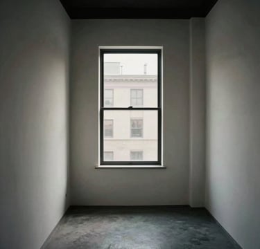 A high-angle architectural photograph of a minimalist studio interior in a North American / European city. The space features off-white walls, a single large window casting soft natural daylight, and sharp, clean lines. The composition is balanced and archival in style, with deep black and medium gray tones.