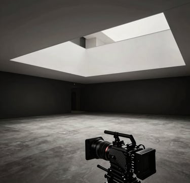 A wide-angle cinematic shot of a professional high-end film production set within a minimalist, modern North American / US architectural space. The lighting is low-key with dramatic soft porcelain white highlights and deep charcoal black shadows. A sleek carbon-fiber camera rig is subtly visible in the foreground. The mood is high-end, sophisticated, and artistic.