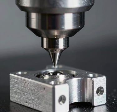 Extreme macro close-up of a CNC milling head cutting a precision aluminum mounting bracket, cool high-contrast industrial studio lighting with sharp metallic highlights, crisp depth of field, silver and black tones.