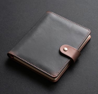 A minimalist, top-down photograph of a leather-bound photography portfolio resting on a dark charcoal surface. Soft, professional lighting highlights the texture of the material. European / Spanish aesthetic, elegant and refined style with dark grey and rose gold accents.