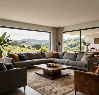 Fotografia arquitetônica de grande angular de uma sala de estar contemporânea brasileira. Apresenta móveis elegantes em tons de cinza quente e carvão contra paredes off-white. Grandes janelas dão para uma paisagem sul-americana. A iluminação é suave e natural, enfatizando um estilo de design de interiores sofisticado e profissional.