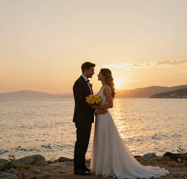 A stunning outdoor wedding photography session in Bodrum, featuring a Middle Eastern / Turkish couple during sunset. The lighting is warm and golden, reflecting off the Aegean sea. Minimalist composition with focus on the couple's emotions, incorporating soft mustard yellow floral accents.