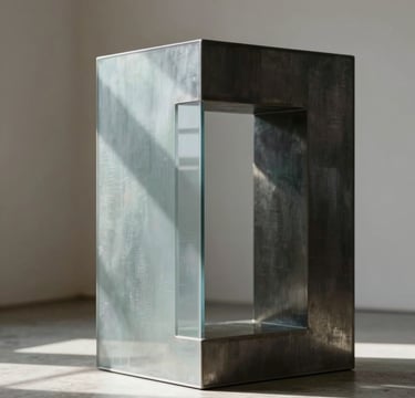 A minimalist close-up of a contemporary sculpture made of brushed metal and translucent glass, casting sharp geometric shadows under soft natural light in a high-ceilinged studio in a Latinoamericano / Español setting. The composition is clean and sophisticated, using tones of slate blue, dark black, and pale mist.
