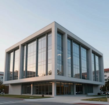 A minimalist, wide-angle shot of a contemporary university architecture building in the USA, featuring large glass panes and sleek steel beams against a crisp morning sky. The lighting is soft and professional, emphasizing the clean #F7F9FB geometric surfaces of the structure. The composition is balanced and elegant, reflecting academic rigor.