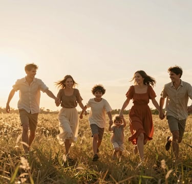 A wide cinematic photograph of a family laughing and running through a meadow of tall grass at sunset. The lighting is golden and sun-drenched, creating a warm flare. The family wears relaxed clothing in soft sand and terracotta tones. The composition is candid and authentic, capturing a moment of genuine joy.