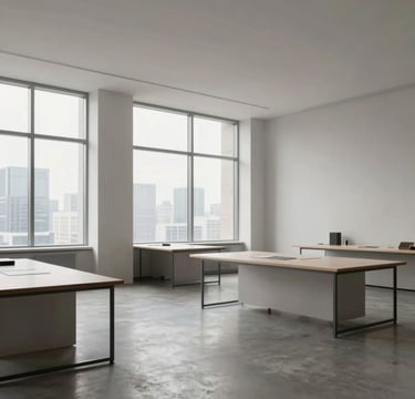 A wide-angle, high-resolution photo of a minimalist architecture studio with expansive windows showing a hint of a city skyline. The interior is decorated in sophisticated #D9D2C7 and #6B6760 tones with clean lines, concrete floors, and professional drafting tables. The lighting is bright and natural, reflecting a mood of modern elegance.