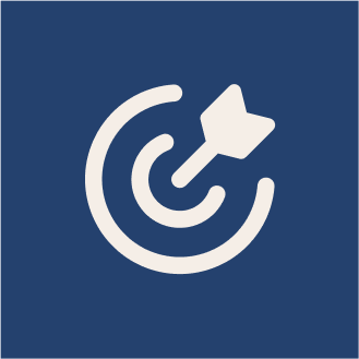White minimalist target icon with a dart hitting the bullseye on a dark blue background.