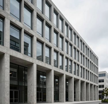 A wide photography shot of a sleek modern architecture building in a North American city, clean concrete lines, large glass panels, overcast soft lighting, professional and minimalist style.