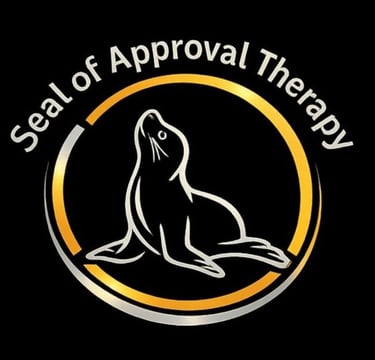 Logo for Seal of Approval Therapy featuring a line-art seal inside a gold and silver circle.