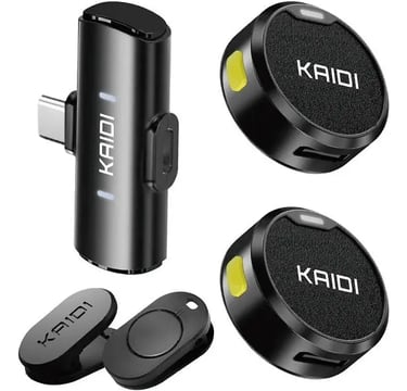 Microfone Lapela Sem Fio Kaidi Com Tipo-C Para Entrevistas e Lives Preto