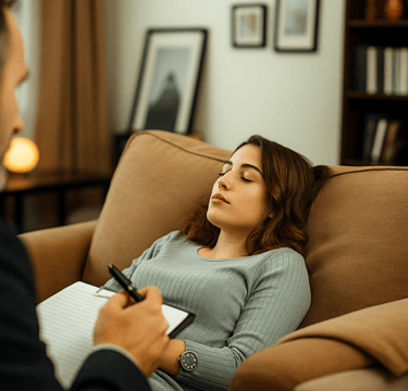 Mujer joven en sesión de Terapia de Vidas Pasadas.