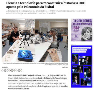 Researchers in a laboratory using 3D scanning technology and digital paleontological models to study fossils.