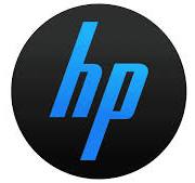 a black and blue hp logo on a black and white background