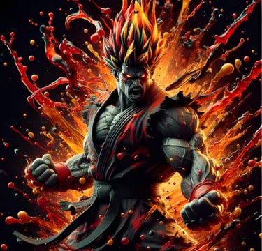 Akuma in a suit with a fire background