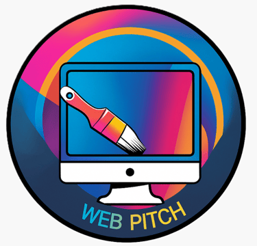 Colorful "WEB PITCH" logo features paintbrush over computer monitor.