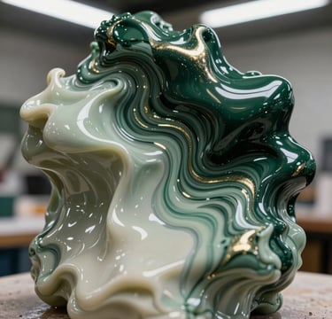 A breathtaking close-up photograph of a liquid resin art piece in progress. Deep charcoal green and muted sage green pigments blend seamlessly with shimmering metallic highlights in a soft parchment cream color. The texture is viscous and glossy, reflecting a professional International / Global art studio setting with soft, diffused overhead lighting.