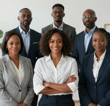 Smiling team of financial experts collaborating over development project plans in a bright office.