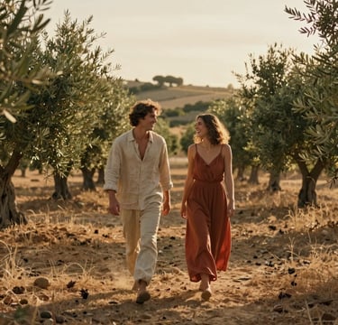 Cinematic wide shot of a young couple walking through a sun-drenched olive grove in rural Spain during golden hour. The lighting is warm and hazy, creating a romantic atmosphere. They are wearing natural linen clothes in sand and terracotta tones. The composition is artistic and authentic, capturing a candid moment of laughter. Iberian landscape background.