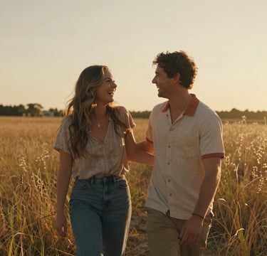 A cinematic, sun-drenched candid photograph of a happy couple sharing an authentic laugh in a North American / US meadow at sunset. The composition is a medium shot focusing on their genuine connection. The lighting is warm and golden, reflecting a soft sand palette in the surrounding tall grass. The couple wears casual lifestyle clothing with subtle terracotta accents.
