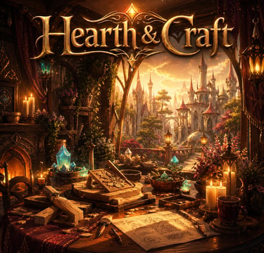 Hearth and Craft cozy fantasy album cover with candles, crystals, crafting table, and golden elven city view.