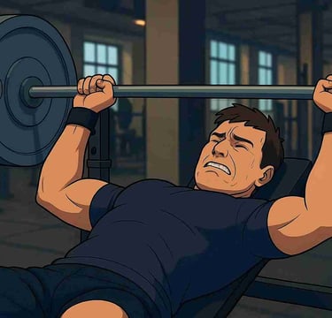 Överansträngd man som försöker göra bänkpress, svart tshirt med svarta shorts