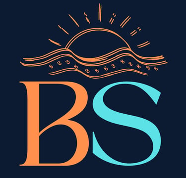Modern graphic BURNSEA logo featuring letters BS with a beach sunrise and ocean wave illustration.