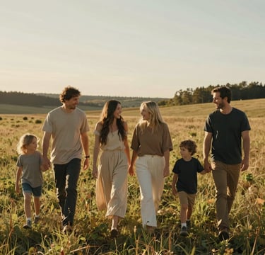 A cinematic, wide-angle lifestyle photograph of a family walking through a sun-drenched meadow in a North American / US countryside setting. The lighting is the warm, golden glow of late afternoon. The subjects are dressed in soft sand and charcoal tones, captured in a candid moment of laughter. The image feels authentic and emotionally resonant.