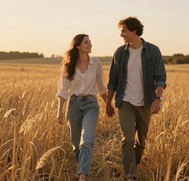 Cinematic lifestyle photography of a young couple walking through a golden North American meadow at sunset, Soft Sand colored tall grass, warm sun-drenched glow, natural candid interaction, shallow depth of field.