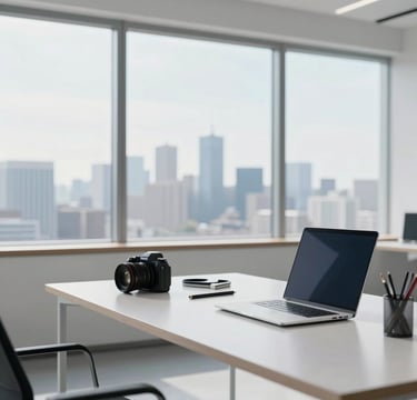 A wide-angle, minimalist photograph of a clean, bright International / Western designer's workspace. A large window reveals a soft-focus city skyline. On the desk, there are professional tools and a laptop. The lighting is bright and airy, reflecting a modern professionalism. The scene includes accents in dark navy and soft sky blue.