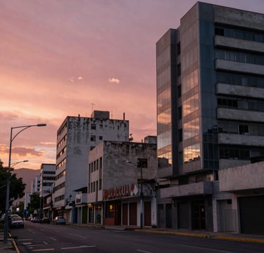 A wide-angle photography shot of a contemporary urban street in Maracay, Venezuela at sunset. The sky is filled with soft rosewood and salmon pink hues. The architecture reflects a South American city vibe with a sophisticated, moody atmosphere.