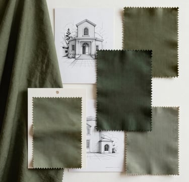 A high-end editorial shot of a designer's mood board, featuring fabric swatches in olive green and muted tones, architectural sketches, and a clean, sophisticated composition, South American / Brazilian context.