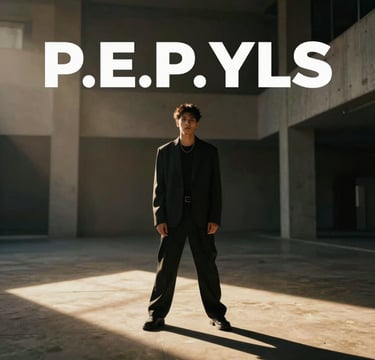 A wide-angle, cinematic still from a music video featuring P.E.P YLS. He stands in a high-fashion pose within a minimalist, brutalist architectural space. The lighting is dramatic, with warm golden-hour beams (#8D765D) cutting through deep shadows (#0A0A0A). The style is sleek, high-end, and reminiscent of premium urban cinematography.