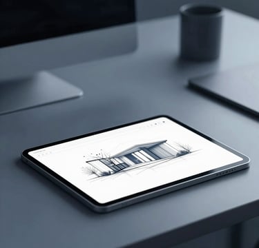 A minimalist and sophisticated creative studio setting. A high-end workspace featuring a sleek tablet with architectural sketches. The lighting is soft and professional, with a color palette including deep navy shadows and soft blue-gray highlights (#415A77, #778DA9). Clean, modern, and inviting atmosphere.