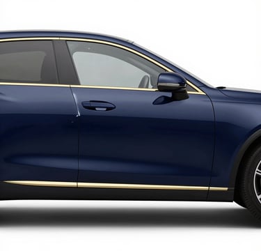 A side-by-side comparison of a luxury car door. The left side shows a sharp dent, while the right side shows a flawlessly smooth surface. Professional studio lighting with golden (#E7C670) accents and a deep navy (#0A1E3C) car body. The style is powerful, leading, and extremely clean to showcase craftsmanship.