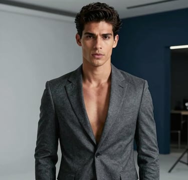 Professional high-fashion portrait of a charismatic South American Brazilian male model in a modern urban studio. He wears a sleek charcoal grey blazer with a sophisticated, confident expression. The lighting is soft and cinematic, highlighting sharp features and a stylish haircut. The background is a clean, minimalist architectural space in light grey and deep navy tones, exuding modern professionalism.