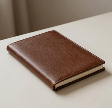 A minimalist, high-end close-up of a premium leather wedding album resting on a soft off-white surface. The lighting is soft and natural, emphasizing the fine texture of the cover. In the background, a hint of a North American / European modern studio setting with muted earthy taupe accents. Timeless, elegant photography style.