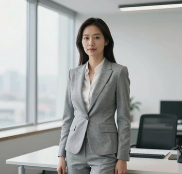 Elegant portrait of a business professional in a light gray minimalist office, large windows with soft natural light, clean white walls, sophisticated and professional mood, International Professional.